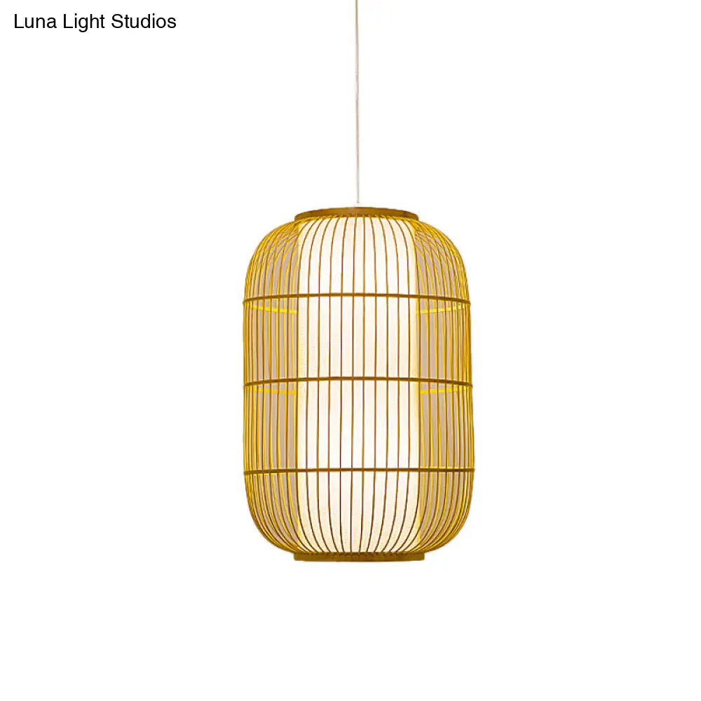 Asian Bamboo Pendant Ceiling Lantern With Elongated Barrel Drop Beige Finish - 1-Light Heights