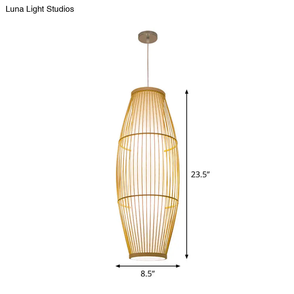 Asian Bamboo Pendant Ceiling Lantern With Elongated Barrel Drop Beige Finish - 1-Light Heights