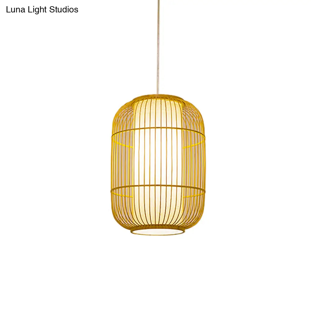 Beige Bamboo Hanging Lantern - Asian Style Pendant Light 1-Light Elongated Oval/Barrel Drop