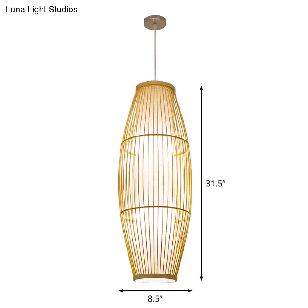 Asian Bamboo Pendant Ceiling Lantern With Elongated Barrel Drop Beige Finish - 1-Light Heights