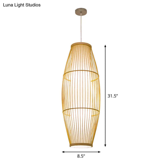 Asian Bamboo Pendant Ceiling Lantern With Elongated Barrel Drop Beige Finish - 1-Light Heights