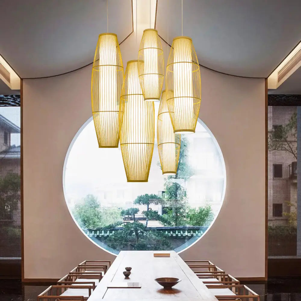 Beige Bamboo Hanging Lantern - Asian Style Pendant Light 1-Light Elongated Oval/Barrel Drop