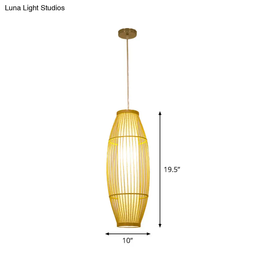 Asian Bamboo Pendant Ceiling Lantern With Elongated Barrel Drop Beige Finish - 1-Light Heights