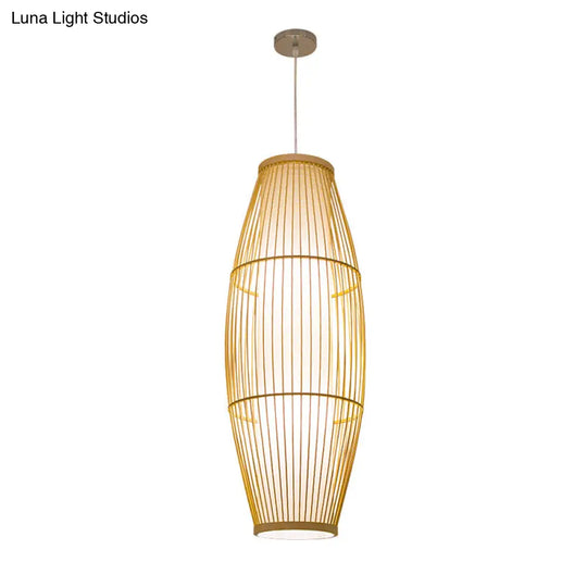 Asian Bamboo Pendant Ceiling Lantern With Elongated Barrel Drop Beige Finish - 1-Light Heights