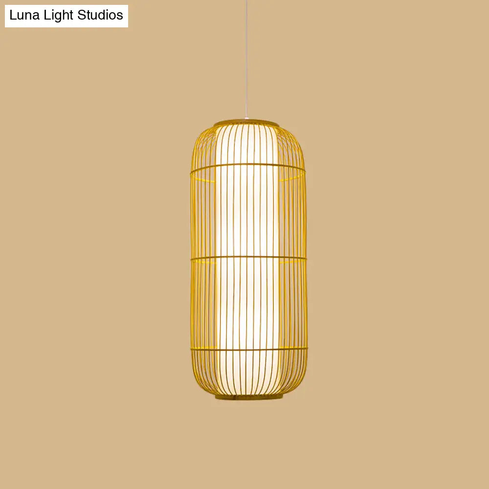 Asian Bamboo Pendant Ceiling Lantern With Elongated Barrel Drop Beige Finish - 1-Light Heights