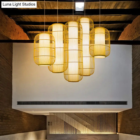 Asian Bamboo Pendant Ceiling Lantern With Elongated Barrel Drop Beige Finish - 1-Light Heights