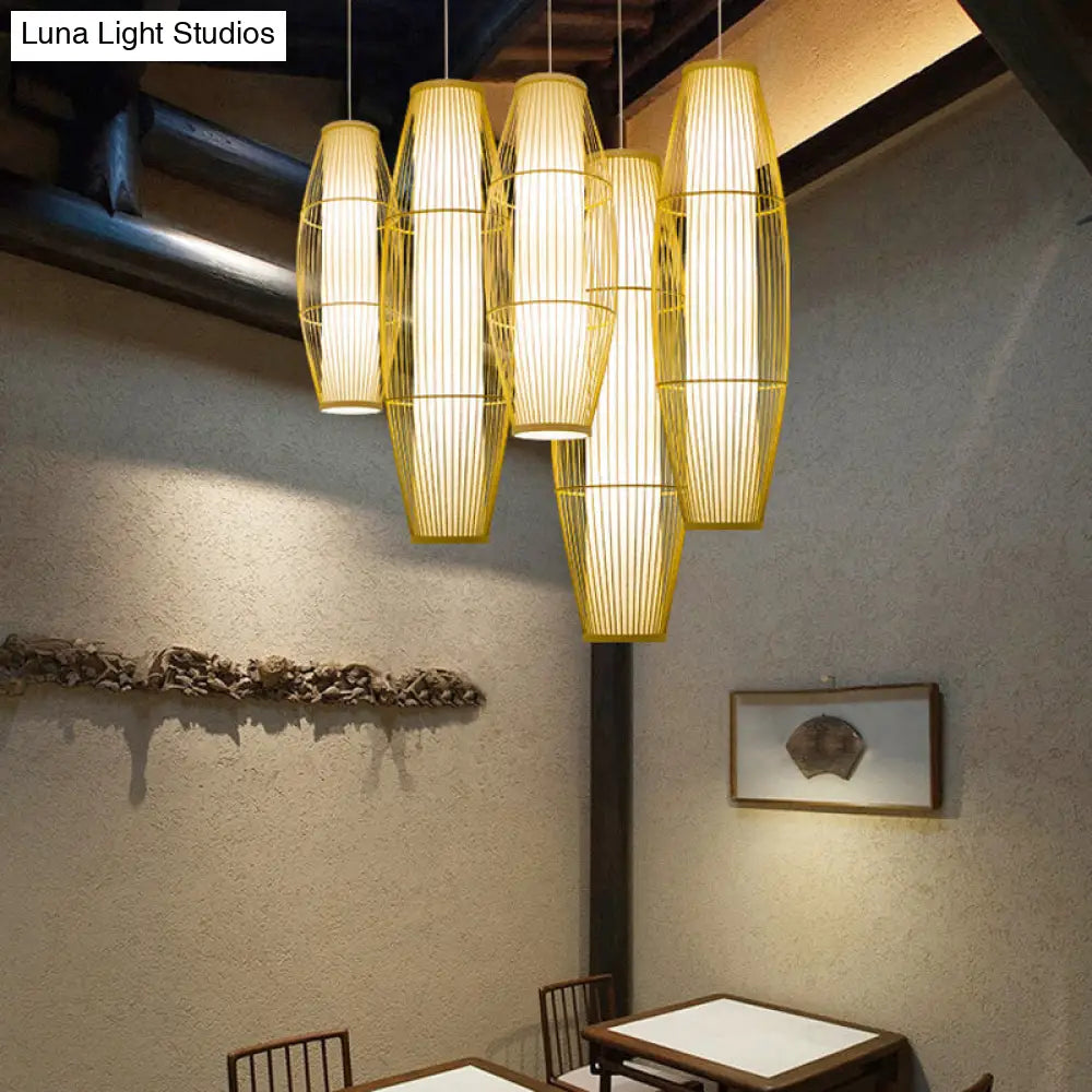 Asian Bamboo Pendant Ceiling Lantern With Elongated Barrel Drop Beige Finish - 1-Light Heights