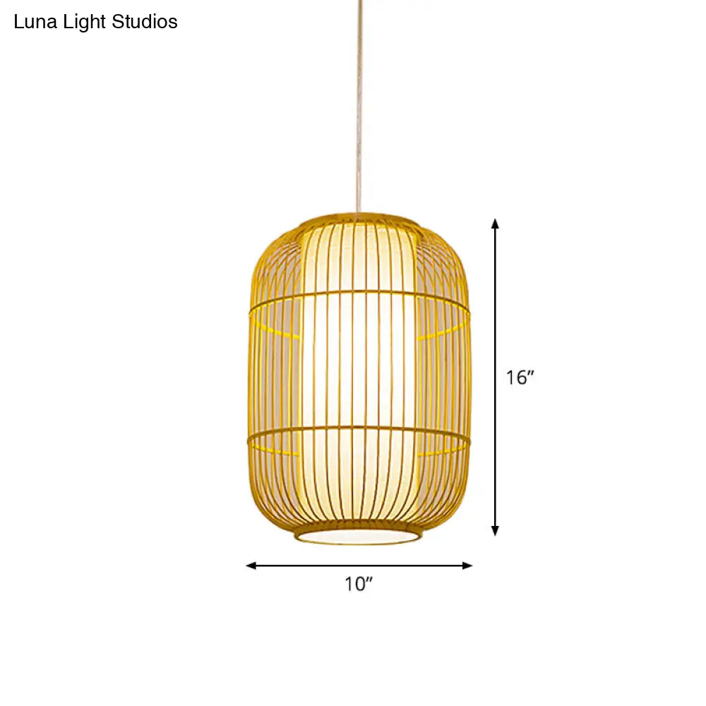 Beige Bamboo Hanging Lantern - Asian Style Pendant Light 1-Light Elongated Oval/Barrel Drop