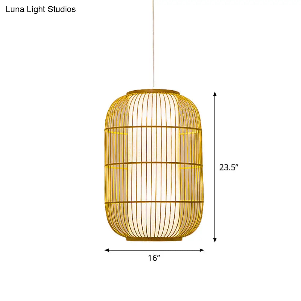 Beige Bamboo Hanging Lantern - Asian Style Pendant Light 1-Light Elongated Oval/Barrel Drop