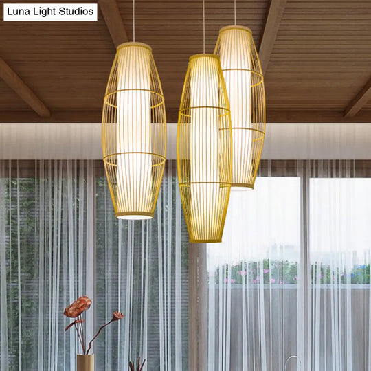 Beige Bamboo Hanging Lantern - Asian Style Pendant Light 1-Light Elongated Oval/Barrel Drop