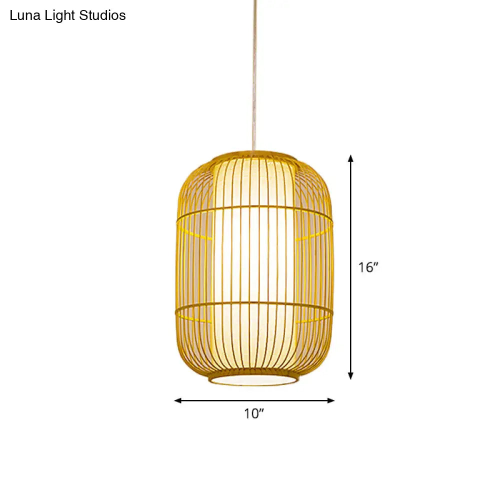 Asian Bamboo Pendant Ceiling Lantern With Elongated Barrel Drop Beige Finish - 1-Light Heights