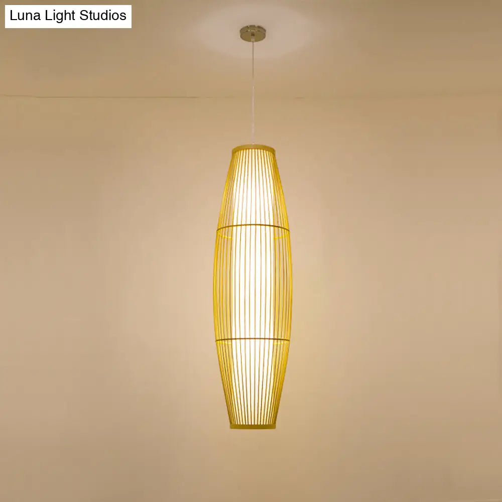 Beige Bamboo Hanging Lantern - Asian Style Pendant Light 1-Light Elongated Oval/Barrel Drop