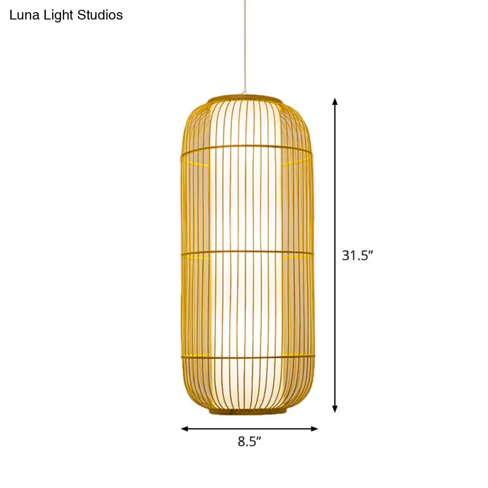 Beige Bamboo Hanging Lantern - Asian Style Pendant Light 1-Light Elongated Oval/Barrel Drop