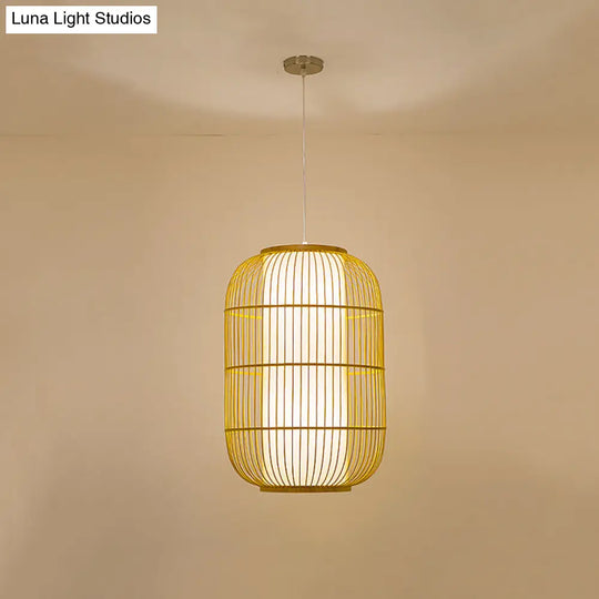 Asian Bamboo Pendant Ceiling Lantern With Elongated Barrel Drop Beige Finish - 1-Light Heights