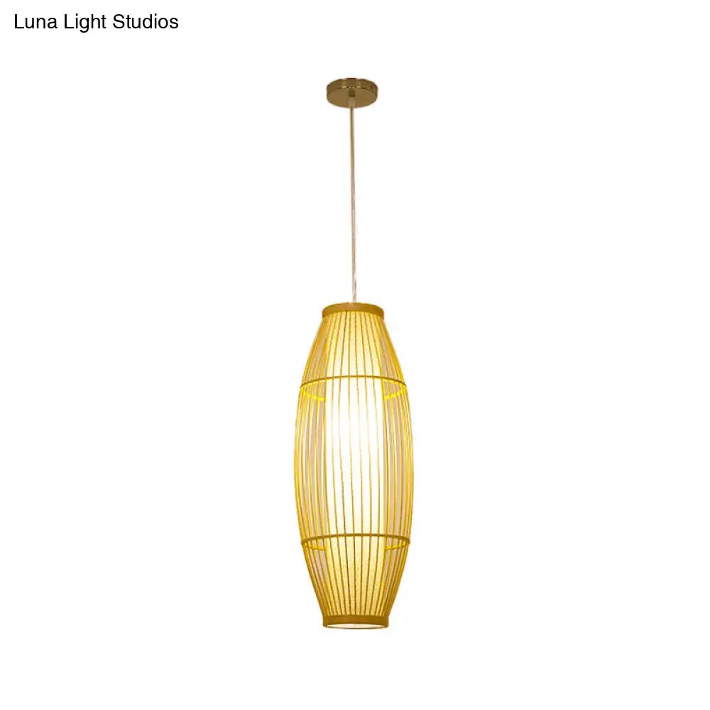 Beige Bamboo Hanging Lantern - Asian Style Pendant Light 1-Light Elongated Oval/Barrel Drop