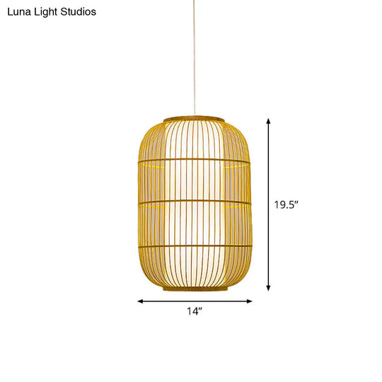 Asian Bamboo Pendant Ceiling Lantern With Elongated Barrel Drop Beige Finish - 1-Light Heights