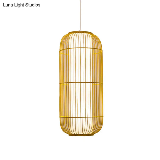 Asian Bamboo Pendant Ceiling Lantern With Elongated Barrel Drop Beige Finish - 1-Light Heights