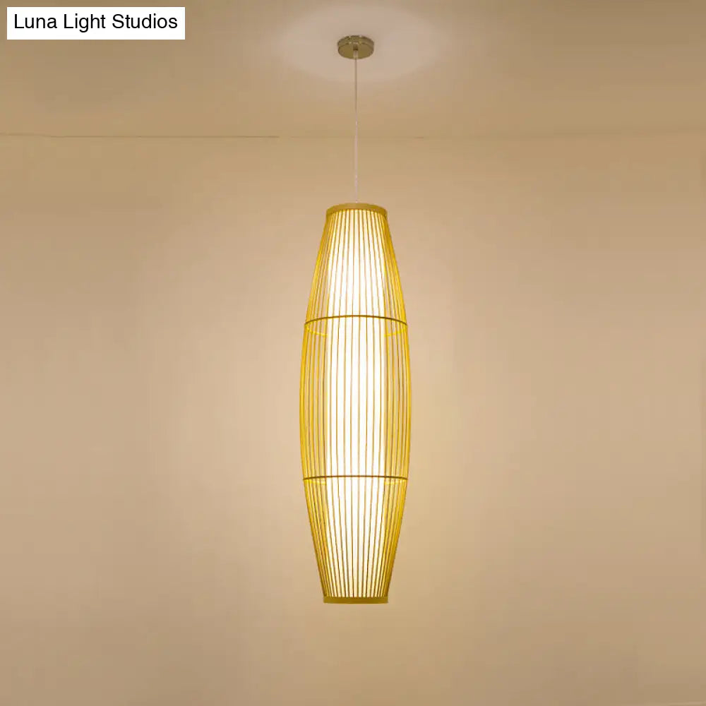 Asian Bamboo Pendant Ceiling Lantern With Elongated Barrel Drop Beige Finish - 1-Light Heights