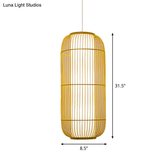 Asian Bamboo Pendant Ceiling Lantern With Elongated Barrel Drop Beige Finish - 1-Light Heights