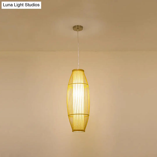 Asian Bamboo Pendant Ceiling Lantern With Elongated Barrel Drop Beige Finish - 1-Light Heights