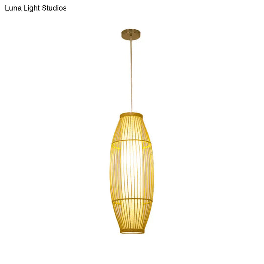 Asian Bamboo Pendant Ceiling Lantern With Elongated Barrel Drop Beige Finish - 1-Light Heights