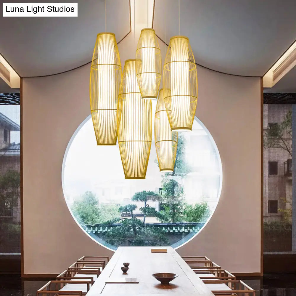 Asian Bamboo Pendant Ceiling Lantern With Elongated Barrel Drop Beige Finish - 1-Light Heights