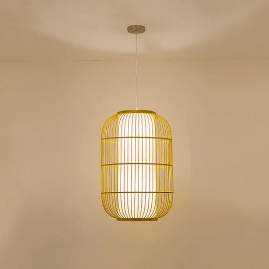 Beige Bamboo Hanging Lantern - Asian Style Pendant Light 1-Light Elongated Oval/Barrel Drop