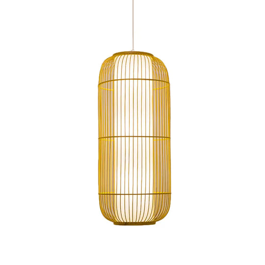 Beige Bamboo Hanging Lantern - Asian Style Pendant Light 1-Light Elongated Oval/Barrel Drop