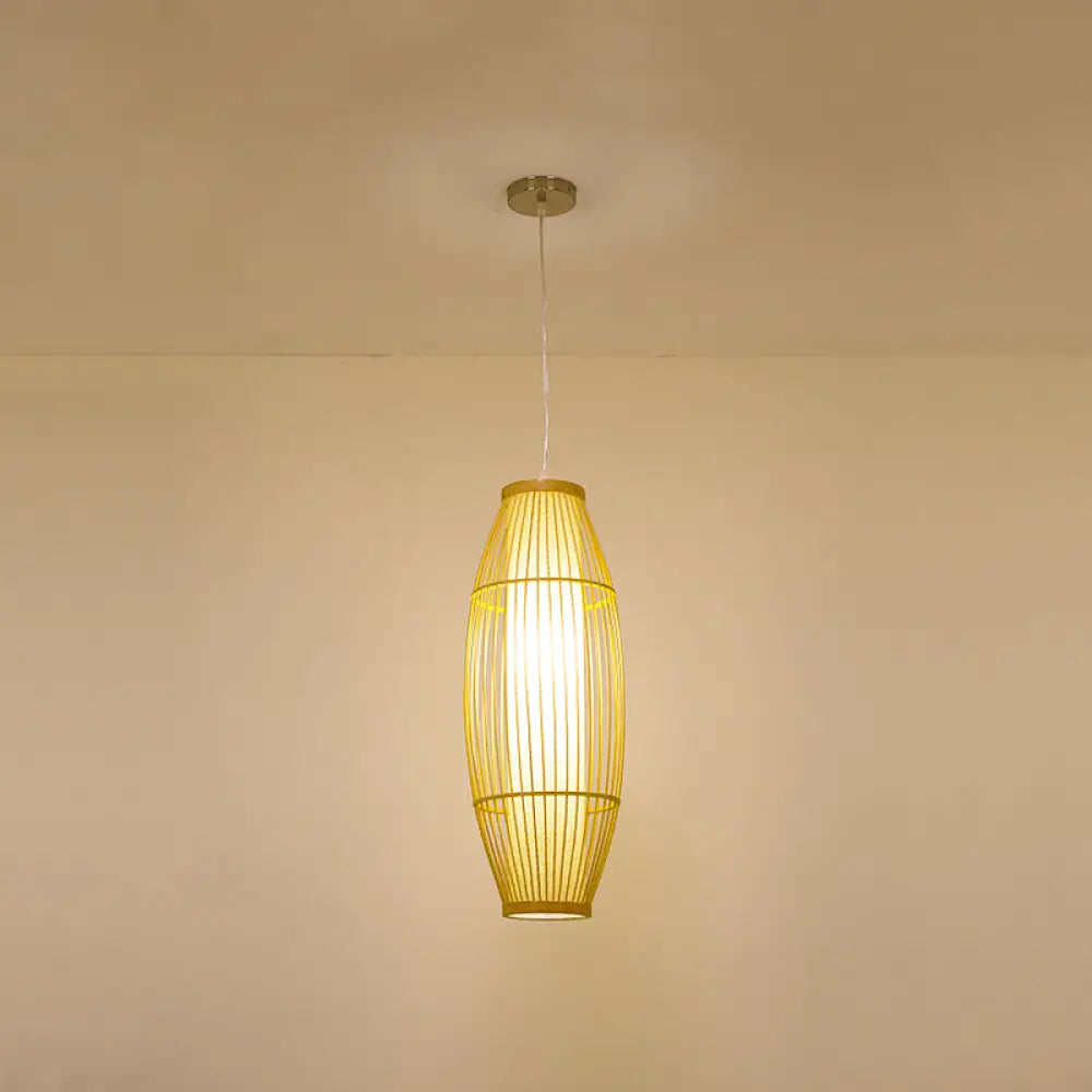 Beige Bamboo Hanging Lantern - Asian Style Pendant Light 1-Light Elongated Oval/Barrel Drop