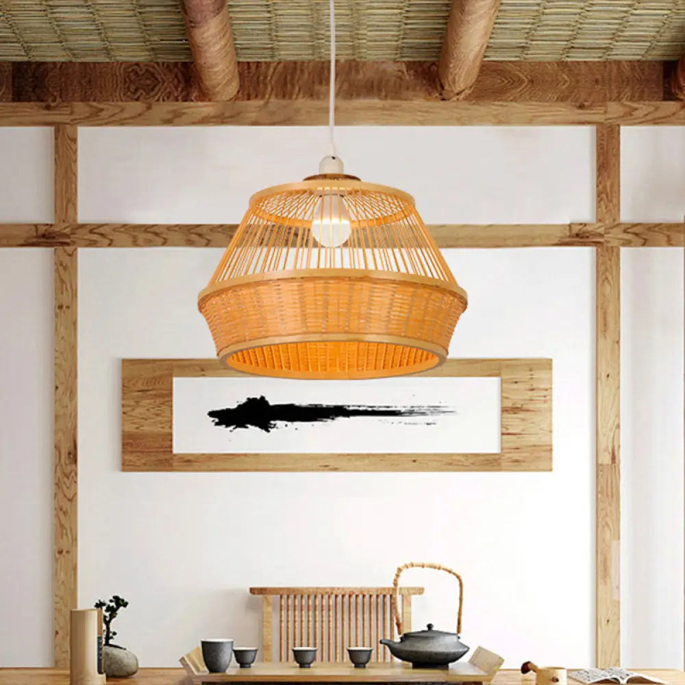 Beige Bamboo Pendant Ceiling Light - Asian-Inspired Fixture For Dining Room