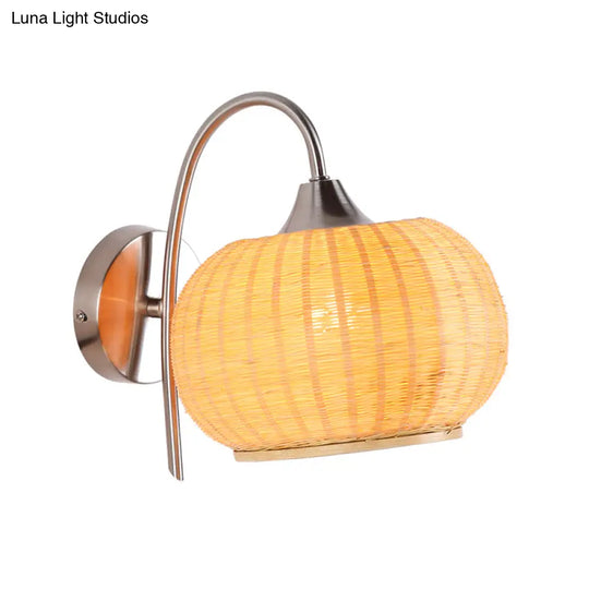 Beige Bamboo Sconce Light Fixture With Metal Curvy Arm - Asian Style Wall Lighting