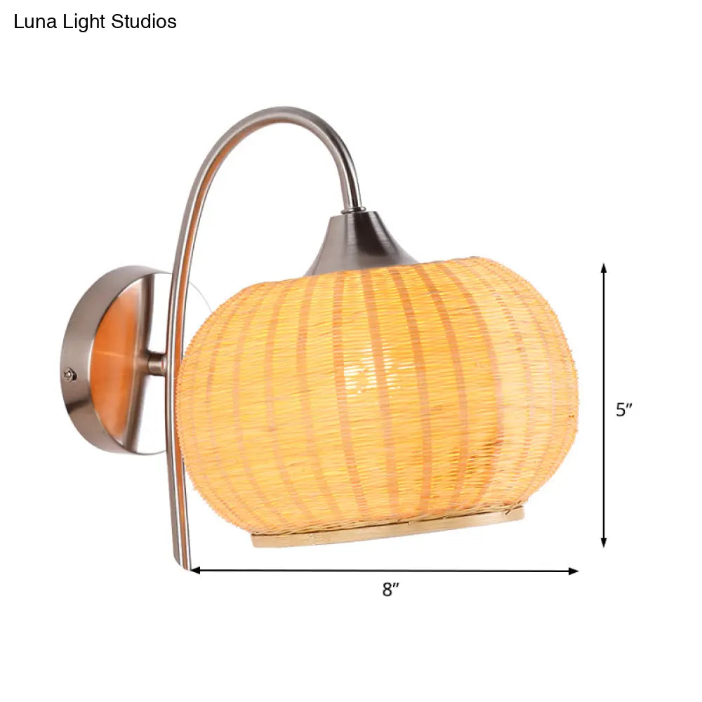 Beige Bamboo Sconce Light Fixture With Metal Curvy Arm - Asian Style Wall Lighting