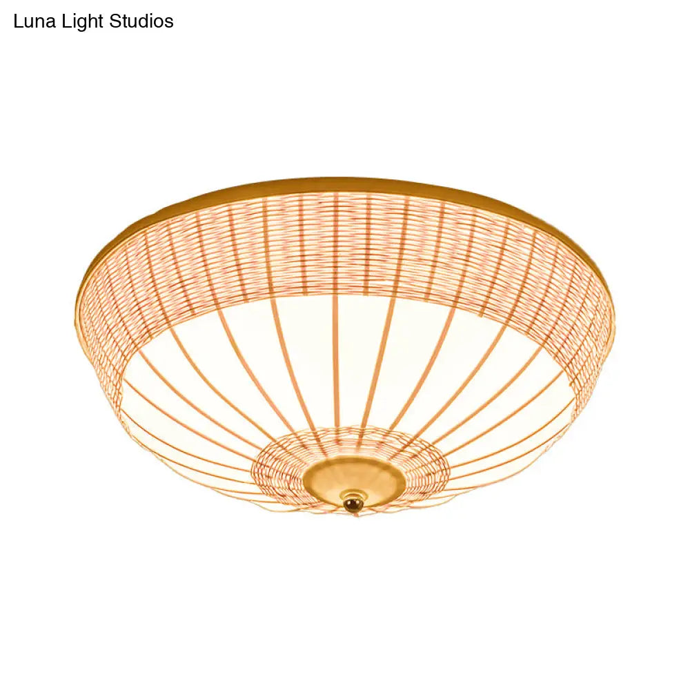 Beige Bamboo Shade Asian Flush Mount Ceiling Lamp With 3 Heads