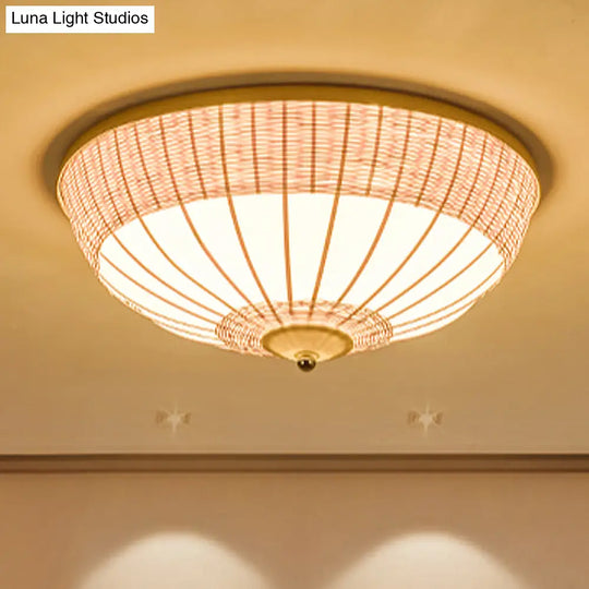 Beige Bamboo Shade Asian Flush Mount Ceiling Lamp With 3 Heads