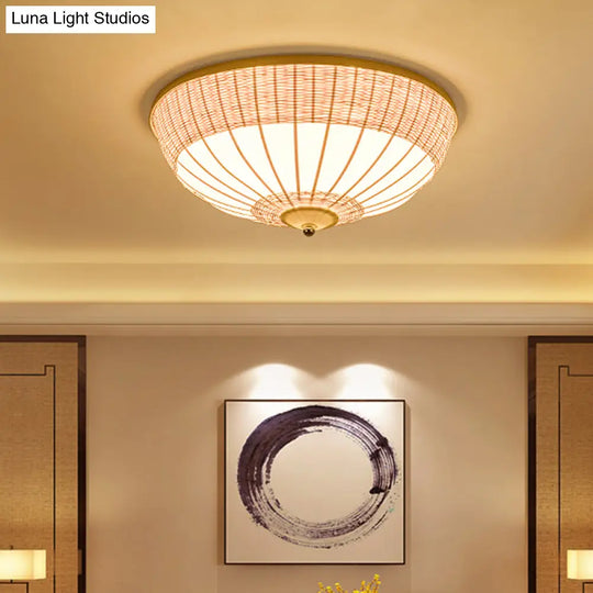 Beige Bamboo Shade Asian Flush Mount Ceiling Lamp With 3 Heads