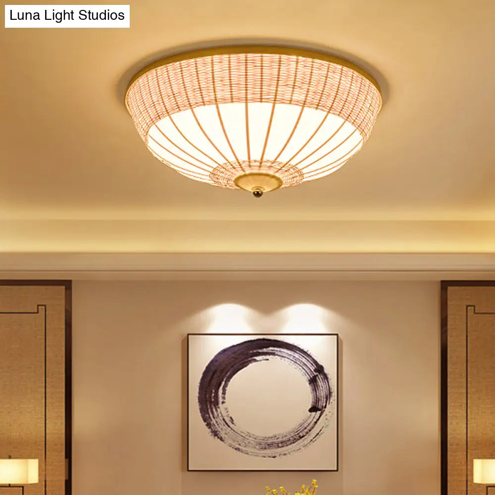 Beige Bamboo Shade Asian Flush Mount Ceiling Lamp With 3 Heads