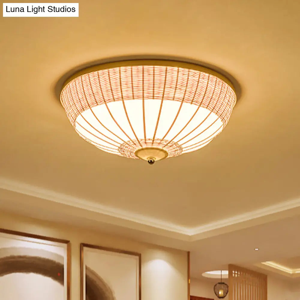 Beige Bamboo Shade Asian Flush Mount Ceiling Lamp With 3 Heads