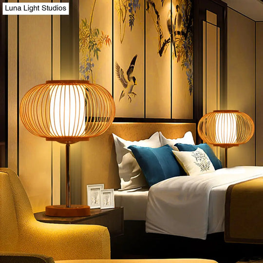 Beige Bamboo Shade Desk Light - 1 Bulb Living Room Task Lighting For An Asian Inspired Ambience