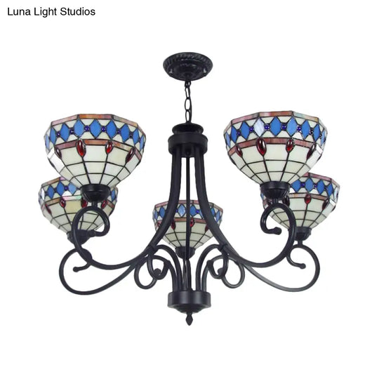 Beige Baroque Pendant Chandelier - Colorful Glass Bowl With Hanging Chain 5 Lights