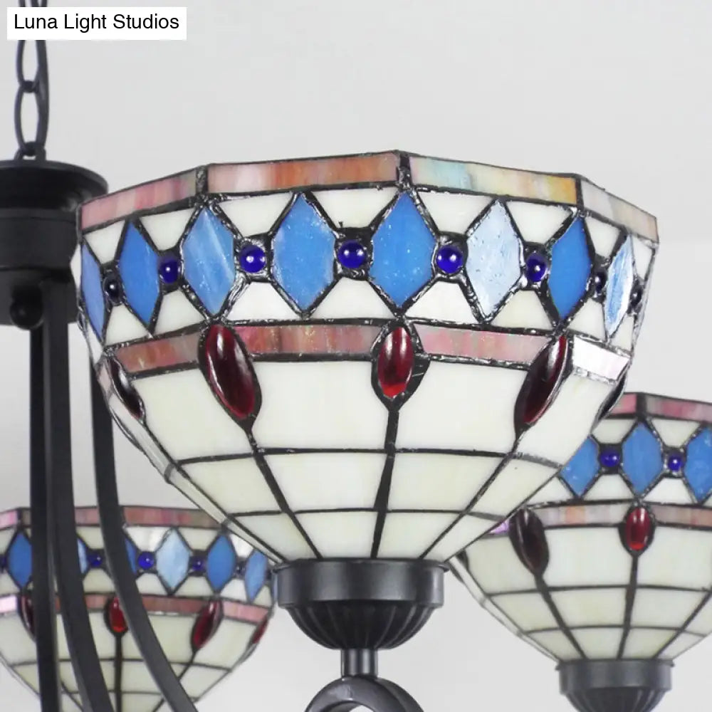 Beige Baroque Pendant Chandelier - Colorful Glass Bowl With Hanging Chain 5 Lights