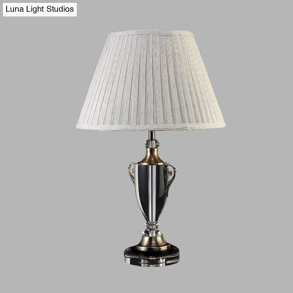 Beige Bell Night Lamp With Clear Crystal Base - Traditional Fabric Bedside Light