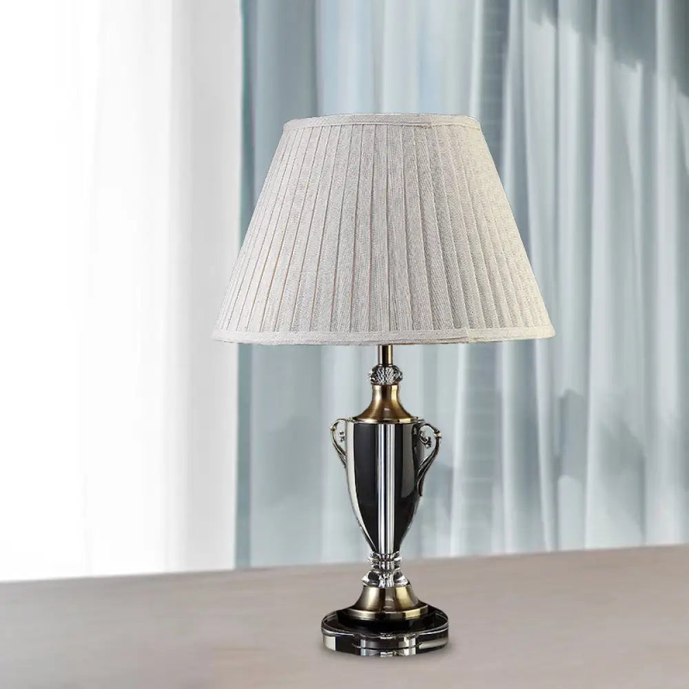 Beige Bell Night Lamp With Clear Crystal Base - Traditional Fabric Bedside Light