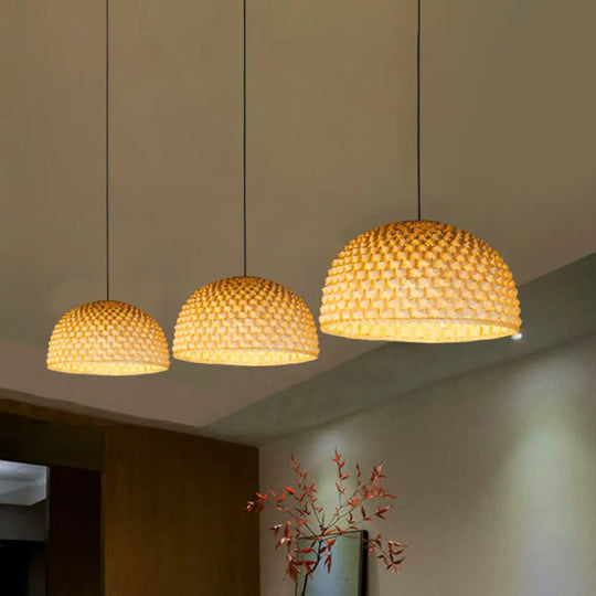 Beige Bowl Ceiling Lamp - Asian Bamboo Hanging Light Fixture For Dining Room