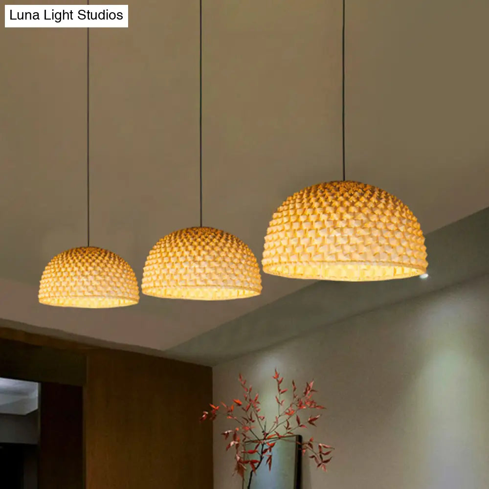 Beige Bowl Ceiling Lamp - Asian Bamboo Hanging Light Fixture For Dining Room