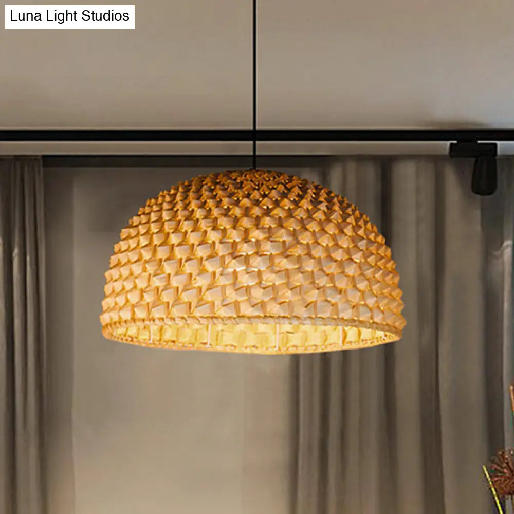 Beige Bowl Ceiling Lamp - Asian Bamboo Hanging Light Fixture For Dining Room