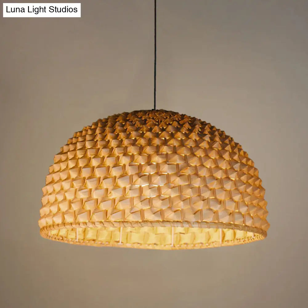 Beige Bowl Ceiling Lamp - Asian Bamboo Hanging Light Fixture For Dining Room