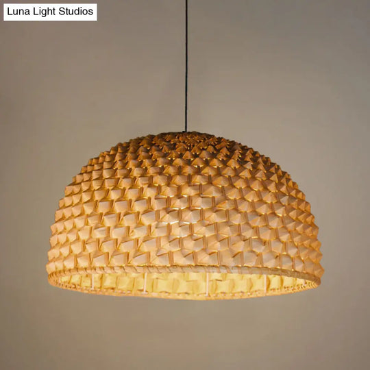 Beige Bowl Ceiling Lamp - Asian Bamboo Hanging Light Fixture For Dining Room