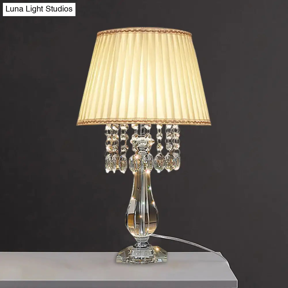 Beige/Burgundy/Sky Blue Traditional Nightstand Lamp With Crystal Beads And Bell/Pleated Shade For