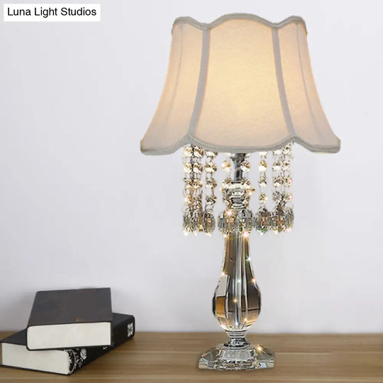 Beige/Burgundy/Sky Blue Traditional Nightstand Lamp With Crystal Beads And Bell/Pleated Shade For