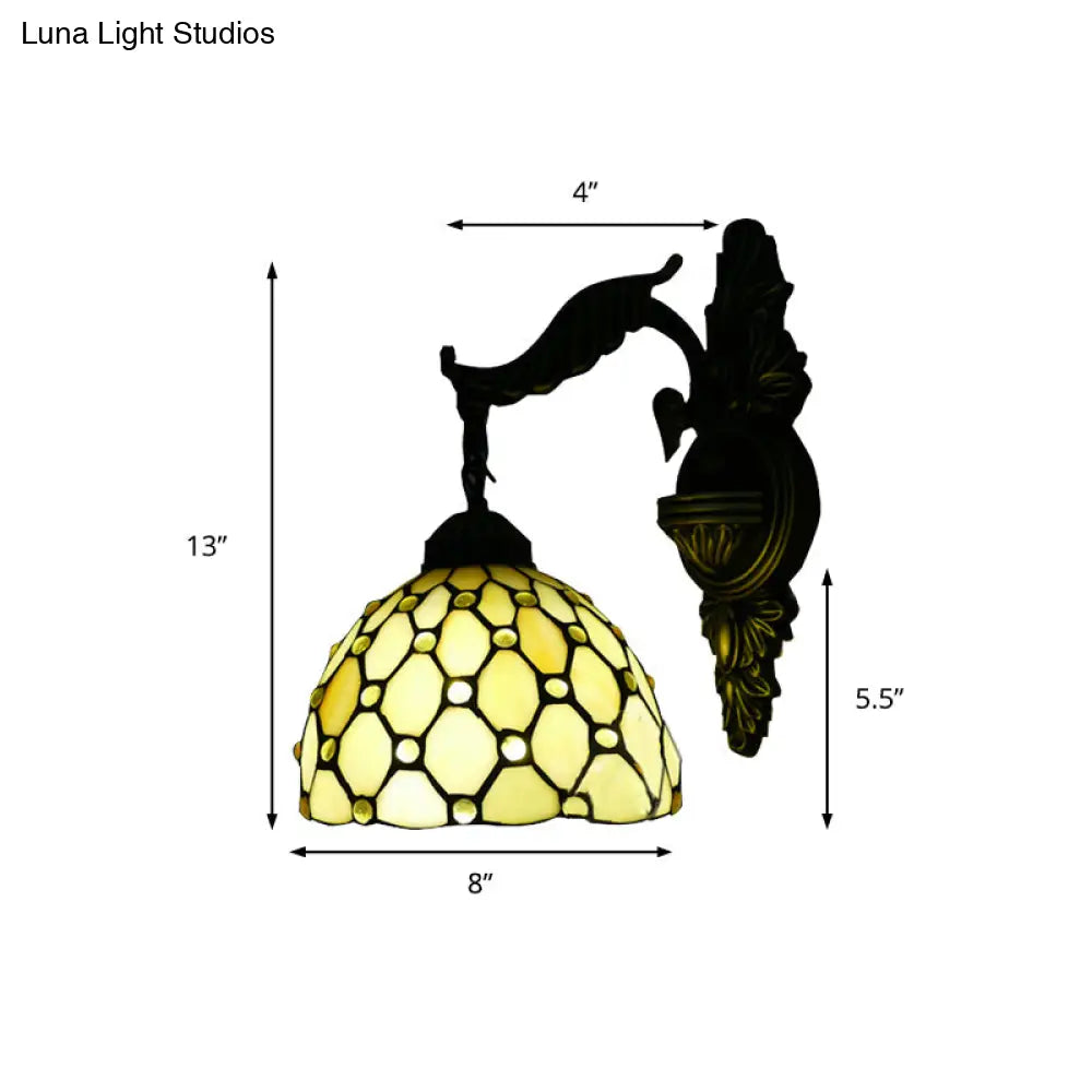 Beige Carved Arm Tiffany Glass Dome Wall Light - Traditional Sconce For Hallway